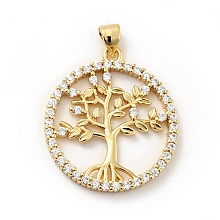 Honeyhandy Rack Plating Brass Micro Pave Cubic Zirconia Pendants, Long-Lasting Plated, Lead Free & Cadmium Free, Round Ring with Tree of Life, Real 18K Gold Plated, 28.5x25x2.5mm, Hole: 3.5x4mm