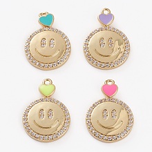 Honeyhandy Brass Micro Pave Cubic Zirconia Pendants, with Enamel, Flat Round Smilimg Face, Golden, Mixed Color, 20x15x2.5mm, Hole: 1.4mm