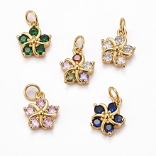 Honeyhandy Brass Micro Pave Clear Cubic Zirconia Pendants, Long-Lasting Plated, Real 18K Gold Plated, Flower, Mixed Color, 12.5x10.5x4mm, Hole: 3.5mm, jump ring: 5x0.75mm