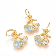 Honeyhandy Brass Charms, with Micro Pave Cubic Zirconia, Enamel and Jump Rings, Starfish with Scallop, Clear & Sky Blue, Golden, 10x8x2mm, Hole: 3.2mm