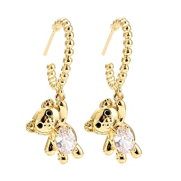 Honeyhandy C-Shape with Bear Cubic Zirconia Dangle Stud Earrings, Real 18K Gold Plated Brass Long Drop Half Hoop Earrings for Women, Lead Free & Cadmium Free, Clear, 36x19.5mm, Pin: 0.7mm