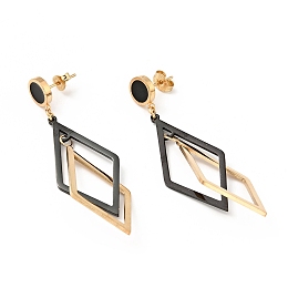 Honeyhandy Enamel Double Rhombus Long Dangle Stud Earrings with 316 Stainless Steel Pins, Vacuum Plating 304 Stainless Steel Jewelry for Women, Golden, 56mm, Pin: 0.7mm