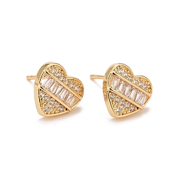 Honeyhandy Clear Cubic Zirconia Heart Stud Earrings, Rack Plating Brass Jewelry for Women, Cadmium Free & Lead Free, Real 18K Gold Plated, 10x11mm, Pin: 0.8mm