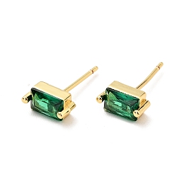 Honeyhandy Green Cubic Zirconia Rectangle Stud Earrings, Brass Jewelry for Women, Cadmium Free & Nickel Free & Lead Free, Real 18K Gold Plated, 8x4mm, Pin: 0.7mm