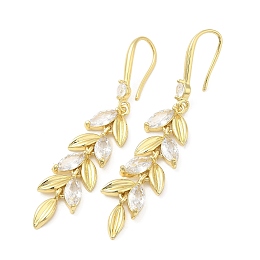 Honeyhandy Cubic Zirconia Leaf Dangle Earrings, Brass Long Earrings for Women, Real 18K Gold Plated, 53x10mm