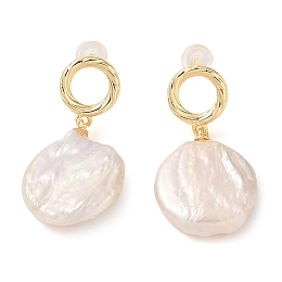 Flat Round Natural Pearl Dangle Earrings, Brass Stud Earrings for Women, Real 14K Gold Plated, 32.5~33x16.5mm