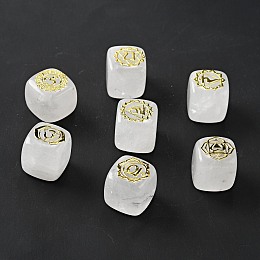 Honeyhandy 7Pcs 7 Styles Natural Quartz Crystal Beads, with Long-Lasting Plated Golden Tone Brass Chakra Pattern Slices, Lead Free & Cadmium Free, No Hole, Cube, 15.5~18x15~17x14.5~17mm, 1pc/style