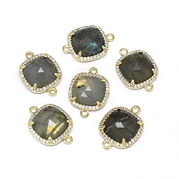 Honeyhandy Natural Labradorite Links connectors, with Golden Tone Brass Findings and Cubic Zirconia, Faceted, Square, Clear, 18.5~19x13.5x4.5mm, Hole: 1.6mm