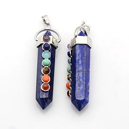 Honeyhandy Yoga Chakra Jewelry Platinum Plated Brass Gemstone Double Terminated Pointed Big Pendants, Lapis Lazuli, 58x17x16mm, Hole: 7x6mm