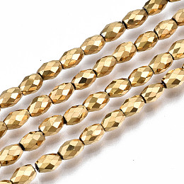 Honeyhandy Electroplate Non-magnetic Synthetic Hematite Beads Strands, Faceted, Barrel, Real 18K Gold Plated, 5x3mm, Hole: 1mm, about 83~88pcs/strand, 15.35 inch~15.75 inch(39cm~40cm)