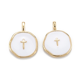Honeyhandy Brass Enamel Pendants, Long-Lasting Plated, Flat Round with Cross, White, Real 18K Gold Plated, 18x13.5x2mm, Hole: 4x2.5mm