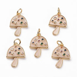 Honeyhandy Brass Micro Pave Colorful Cubic Zirconia Pendants, with Enamel and Jump Rings, Mushroom, Real 18K Gold Plated, 17x11.5x2.5mm, Jump Ring: 5x1mm, 3mm Inner Diameter