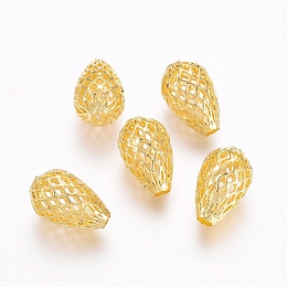 Honeyhandy Rack Plating Brass Filigree Beads, Hollow, Teardrop, Golden, 15x10mm, Hole: 3mm