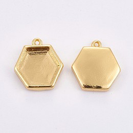 Honeyhandy Brass Pendant Cabochon Settings, Plain Edge Bezel Cups, Long-Lasting Plated, Hexagon, Golden, Tray: 10.5x11.5mm, 14.5x14x3mm, Hole: 0.8mm