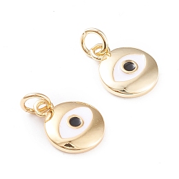 Honeyhandy Brass Enamel Charms, with Jump Rings, Long-Lasting Plated, Flat Round with Evil Eye, White & Black, Real 18K Gold Plated, 12.5x10x2mm, Hole: 3mm