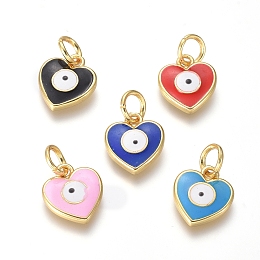 Honeyhandy Brass Enamel Pendants, Heart and Eye, Mixed Color, Golden, 13x12x2mm, Hole: 4mm