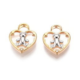 Honeyhandy Natural Shell Pendants, Heart with Bear Charm, with Brass Pave Clear Cubic Zirconia Findings, Nickel Free, Real 18K Gold Plated, 16.5x14x3mm, Hole: 3.5x4.5mm