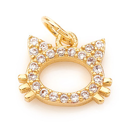 Honeyhandy Brass Micro Pave Cubic Zirconia Charms, with Jump Rings, Cat Shape, Clear, Real 18K Gold Plated, 7.5x9x1.5mm, Jump Ring: 4x0.6mm, Hole: 2.5mm