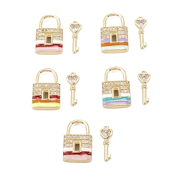 Honeyhandy Brass Micro Pave Clear Cubic Zirconia Pendants, with Enamel, Long-Lasting, Lock & Key, Real 18K Gold Plated, Mixed Color, 18x11.5x3.5mm, Hole: 5.5x6mm, Key: 15x5.5x2mm, Hole: 0.8mm