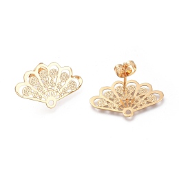 Honeyhandy Brass Stud Earring Findings,  with Ear Nuts, Earring Backs, Fan, Real 18K Gold Plated, 14.5x23.7x0.5mm, Hole: 1.6mm, Pin: 0.8mm