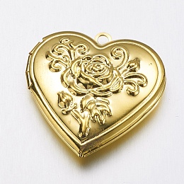 Honeyhandy Brass Locket Pendants, Heart with Rose, Golden, 29x29x7.5mm, Hole: 2mm