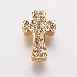 Honeyhandy Brass Cubic Zirconia Beads, Cross, Clear, Golden, 14x9x3.5mm, Hole: 1mm