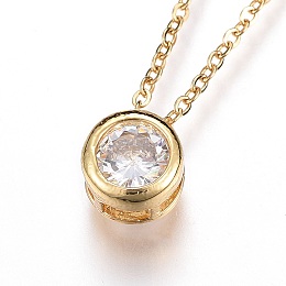 Honeyhandy 304 Stainless Steel Pendant Necklaces, with Cubic Zirconia, Flat Round, Clear, Golden, 17.7 inch(45.2cm)