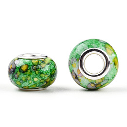 Honeyhandy Opaque Resin European Beads, Imitation Crystal, Two-Tone Large Hole Beads, with Silver Tone Brass Double Cores, Rondelle, Lime Green, 14x9.5mm, Hole: 5mm