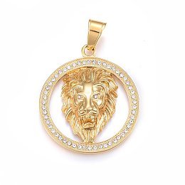 Honeyhandy 304 Stainless Steel Pendants, with Rhinestone, Flat Round with Lion, Crystal, Golden, 49x43x13mm, Hole: 8x12mm