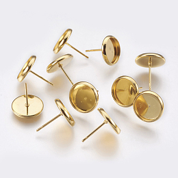 Honeyhandy 304 Stainless Steel Stud Earring Settings, Flat Round, Real 24K Gold Plated, 13x12mm, Pin: 0.8mm, Tray: 10mm