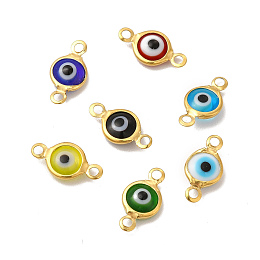 Honeyhandy Ion Plating(IP) 304 Stainless Steel Connector Charms, Flat Round Links with Evil Eye Pattern, with Glass Enamel, Real 18K Gold Plated, Mixed Color, 13x6.5x2.5mm, Hole: 1.5mm