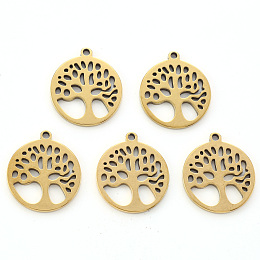 Honeyhandy 304 Stainless Steel Pendants, Laser Cut, Oval with Tree of Life, Golden, 15.5x14x1mm, Hole: 1.2mm