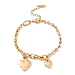 Honeyhandy Vacuum Plating Double Heart Charms Bracelet with 304 Stainless Steel Chains for Women, Golden, 6-7/8 inch(17.4cm)