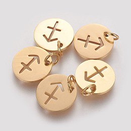 Honeyhandy 304 Stainless Steel Charms, Flat Round with Constellation/Zodiac Sign, Golden, Sagittarius, 12x1mm, Hole: 3mm