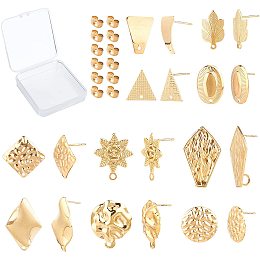 SUNNYCLUE 1 Box 10 Pairs Gold Earring Studs Stainless Steel Ear Studs Flat Round Flower Earring Triangle Oval Square Leaf Rhombus Shape for Man Women Styling Findings Jewelry Gifts