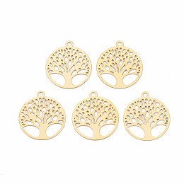 Honeyhandy Rack Plating 201 Stainless Steel Filigree Pendants, Etched Metal Embellishments, Nickel Free, Flat Round with Tree of Life, Real 18K Gold Plated, 15.5x13.5x0.4mm, Hole: 1.2mm