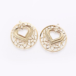 Honeyhandy Iron Filigree Pendants, Flat Round with Heart, Golden, 28x26x0.5mm, Hole: 1.2mm