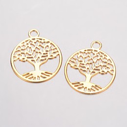 Honeyhandy Brass Filigree Pendants, Flat Round with Tree of Life, Golden, 23.5x20x0.5mm, Hole: 3mm