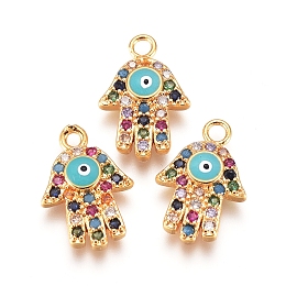 Honeyhandy Brass Micro Pave Cubic Zirconia Charms, with Enamel, Hamsa Hand/Hand of Fatima/Hand of Miriam with Evil Eye, Colorful, Golden, 14x10x2mm, Hole: 1mm