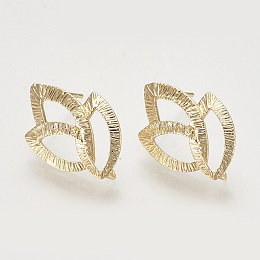 Brass Ear Stud Findings, with Loop, Leaf, Nickel Free, Real 18K Gold Plated, 22x14.5mm, Hole: 2mm; Pin: 0.8mm