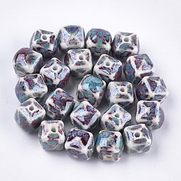 Handmade Porcelain Beads, Fancy Antique Glazed Porcelain, Cube , Colorful, 13x13~14x13~14mm, Hole: 2mm