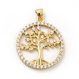 Honeyhandy Rack Plating Brass Micro Pave Cubic Zirconia Pendants, Long-Lasting Plated, Lead Free & Cadmium Free, Round Ring with Tree of Life, Real 18K Gold Plated, 28.5x25x2.5mm, Hole: 3.5x4mm