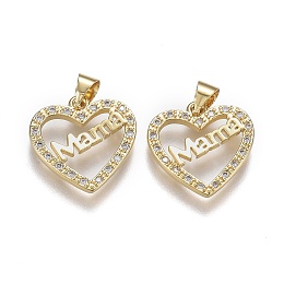 Honeyhandy Brass Micro Pave Clear Cubic Zirconia Pendants, with Snap on Bails, for Mother's Day, Long-Lasting Plated, Heart with Word Mama, Real 18K Gold Plated, 17x16.5x2mm, Hole: 5mm