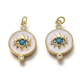 Honeyhandy Brass Micro Pave Clear & Deep Sky Blue Cubic Zirconia Pendants, Long-Lasting Plated, with Jump Rings & White Enamel, Flat Round with Eye, Real 18K Gold Plated, 20x13x2.1mm, Hole: 2.5mm