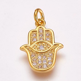 Honeyhandy Brass Micro Pave Cubic Zirconia Pendants, Hamsa Hand/Hand of Fatima/Hand of Miriam, with Eye, Golden, 17x12.5x2mm, Hole: 3mm