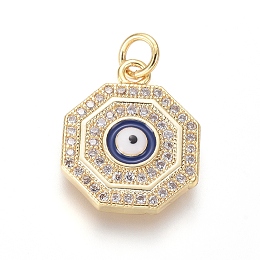 Honeyhandy Brass Micro Pave Cubic Zirconia Pendants, with Enamel, Eight Trigrams with Evil Eyes, Clear, Golden, 17x14x3.5mm, Hole: 3.5mm