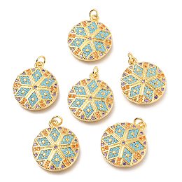 Honeyhandy Brass Micro Pave Colorful Cubic Zirconia Pendants, Long-Lasting Plated, with Jump Ring, Flat Round with Flower, Real 18K Gold Plated, 23.7x20x2.9mm, Hole: 3.4mm