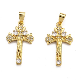 Honeyhandy Brass Micro Pave Clear Cubic Zirconia Pendants, Long-Lasting Plated, Cross, Real 18K Gold Plated, 30x18x4.5mm, Hole: 3.5x5.5mm