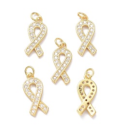 Honeyhandy Brass Micro Pave Clear Cubic Zirconia Pendants, with Jump Ring, Long-Lasting Plated, Awareness Ribbon Shape, Real 18K Gold Plated, 21x9x2mm, Jump Rings: 5x1mm, 3mm Inner Diameter