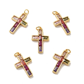 Honeyhandy Cross Brass Micro Pave Colorful Cubic Zirconia Pendants, with Jump Rings, Cadmium Free & Nickel Free & Lead Free, Real 18K Gold Plated, 24.5x15x3mm, Hole: 3.4mm